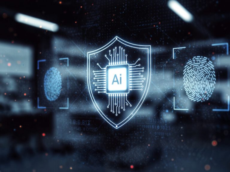 Editorial illustration of an enterprise security team reviewing system configurations on multiple screens while automated policies lock down servers, endpoints, and cloud workloads.
